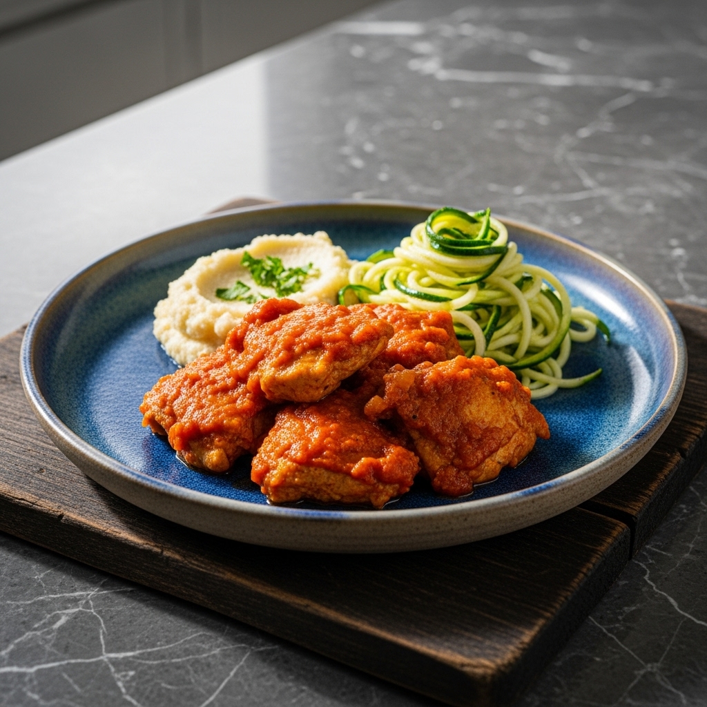 “Paleo Hungarian Chicken Paprikás with Cauliflower Mash and Zucchini Noodles”